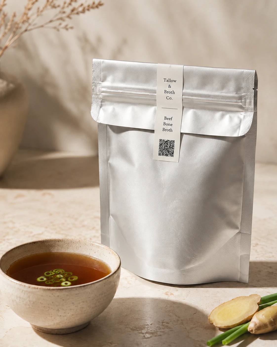 Silver beef bone broth pouch beside a ceramic bowl of rich dark brown broth