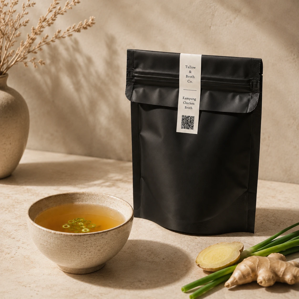 Black chicken bone broth pouch beside a bowl of golden broth in warm natural light
