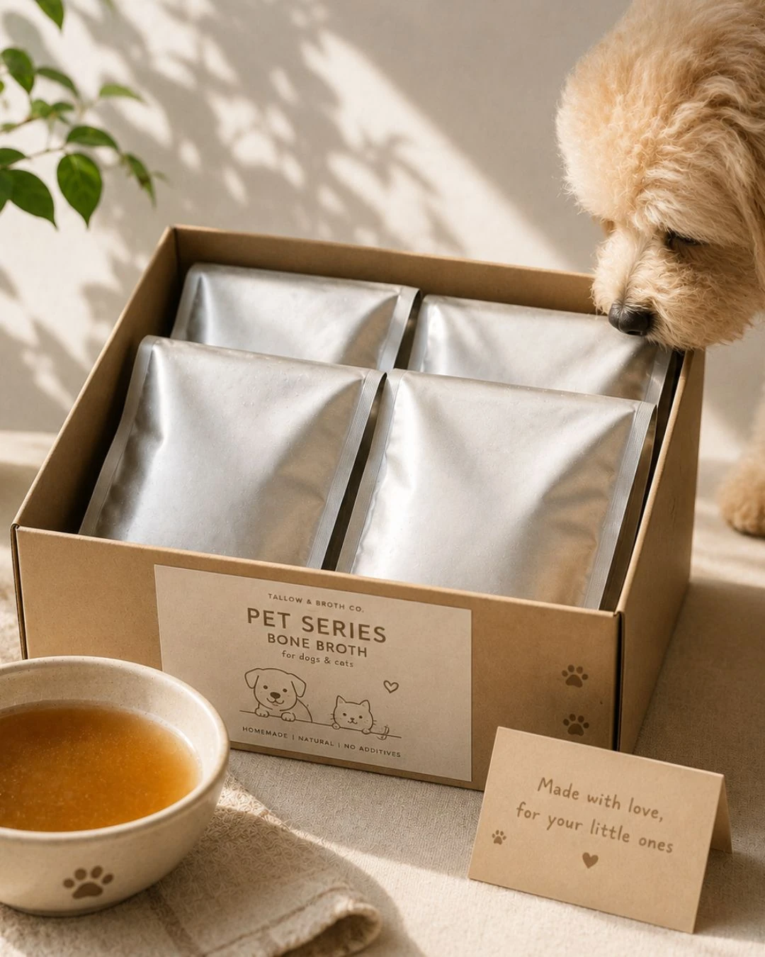 A cream poodle beside a kraft box of silver pet bone broth pouches and a broth bowl