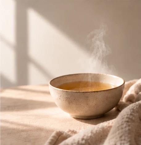 A steaming cup of golden broth, resting in warm morning light