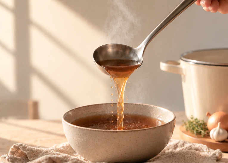 A ladle pouring brown broth into a ceramic bowl
