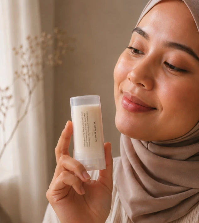 A person holding a wide tallow butter stick beside their face in soft natural light