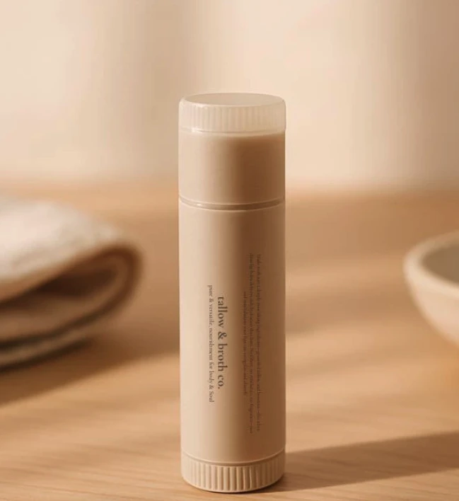 A slim cream tallow lip balm tube on a warm wooden surface in soft sunlight