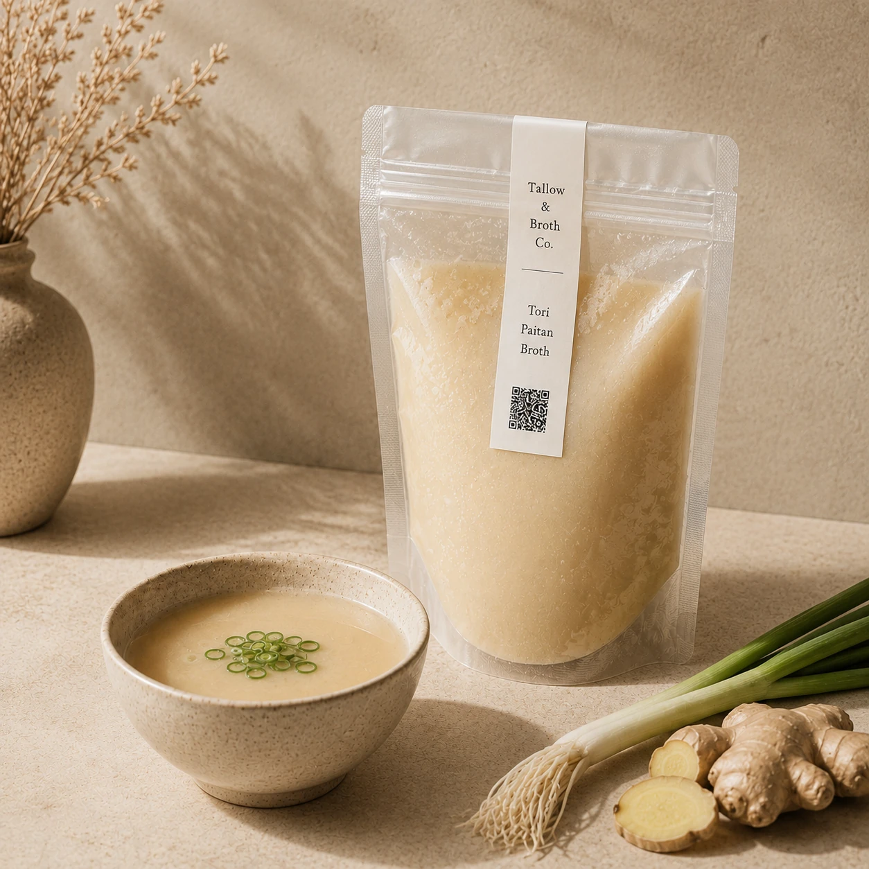 Tori Paitan premium bone broth in a pale pouch beside a bowl of creamy broth