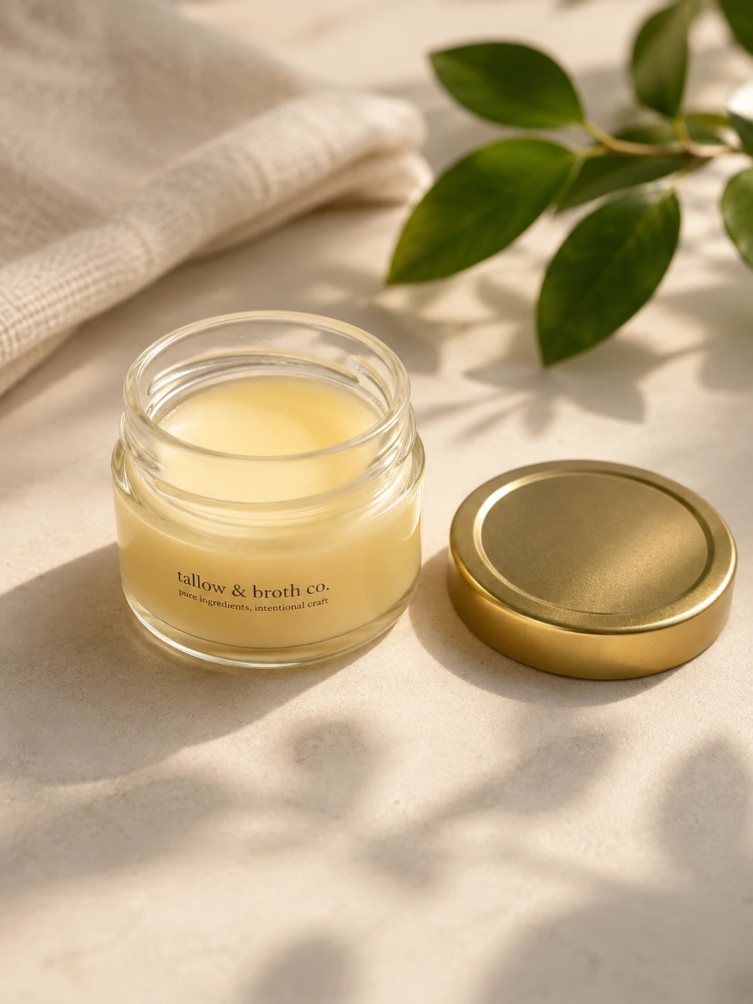 An open glass jar of smooth unscented beef tallow beside a gold lid, with natural linen and green leaves