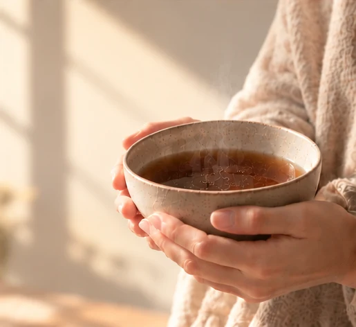 Hands holding a warm bowl of rich brown broth in soft sunrise light
